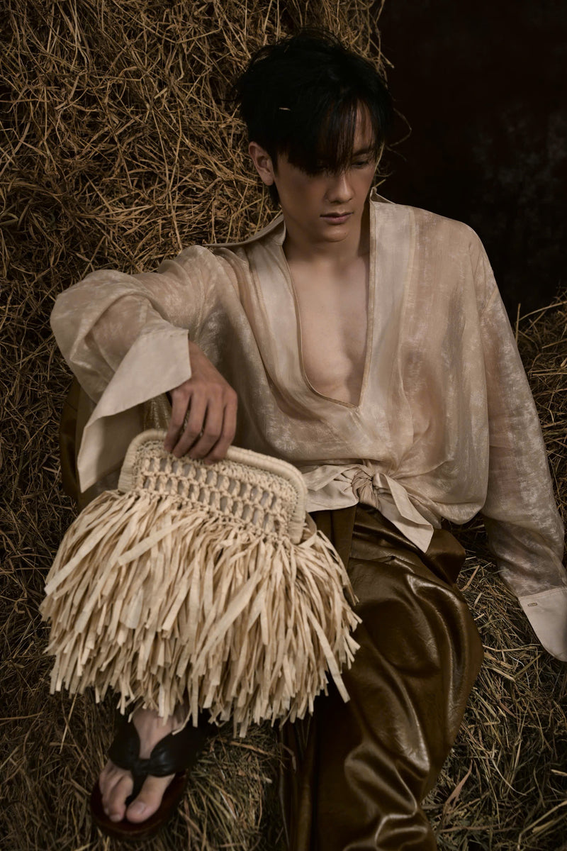 CREAM AN HERITAGE STRAW CLUTCH 