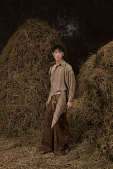 BROWN DRIED BANANA LEAVES LINEN SHIRT