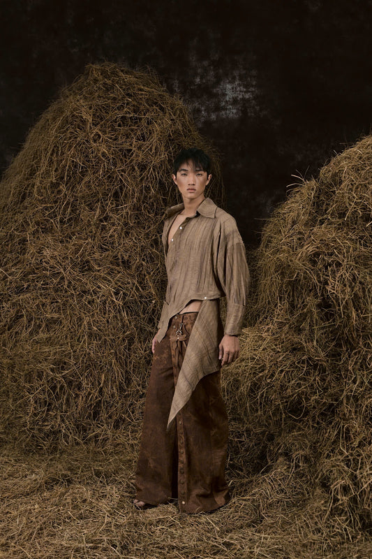 BROWN DRIED BANANA LEAVES LINEN SHIRT