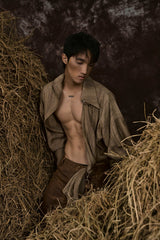 BROWN DRIED BANANA LEAVES LINEN SHIRT