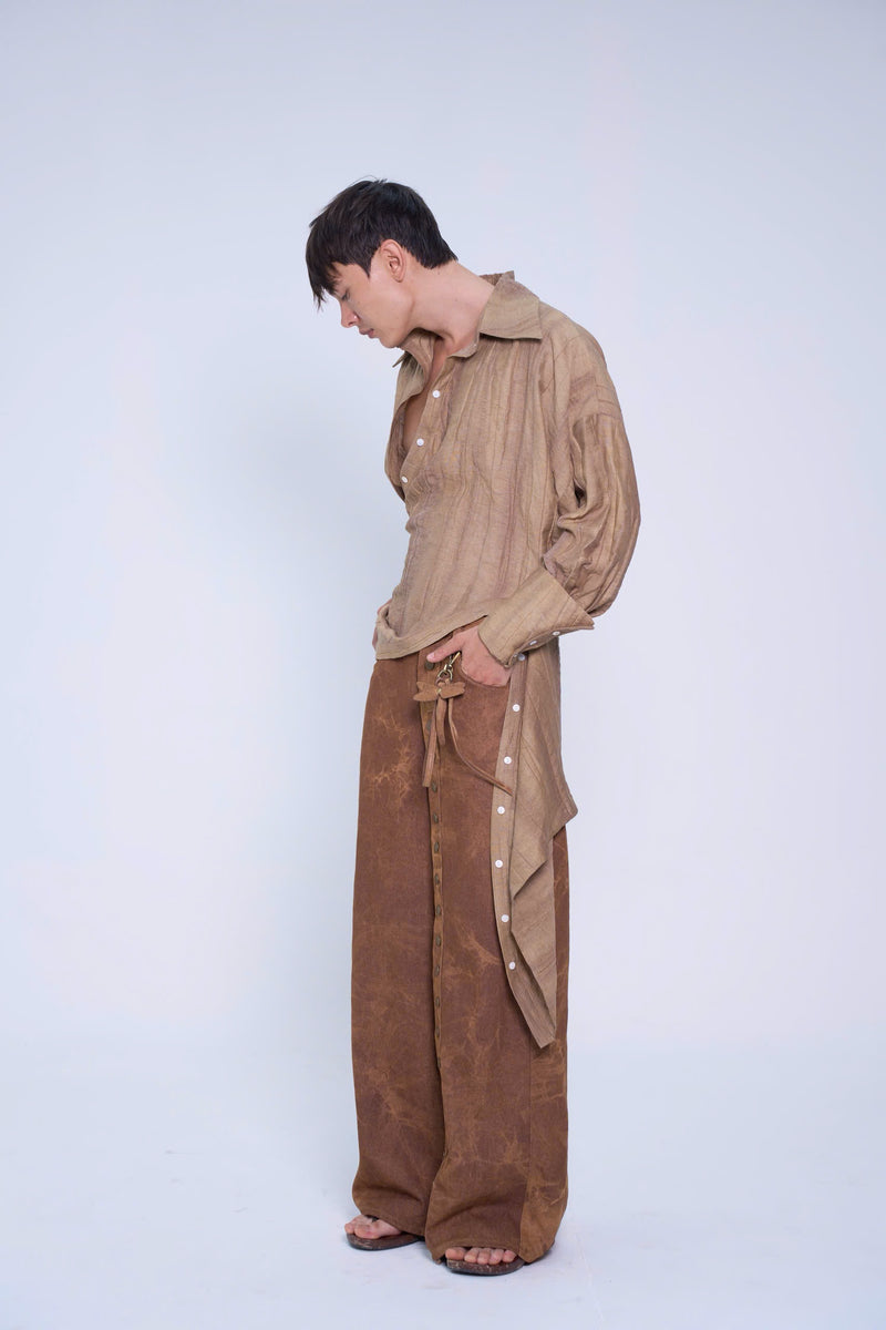 BROWN DRIED BANANA LEAVES LINEN SHIRT