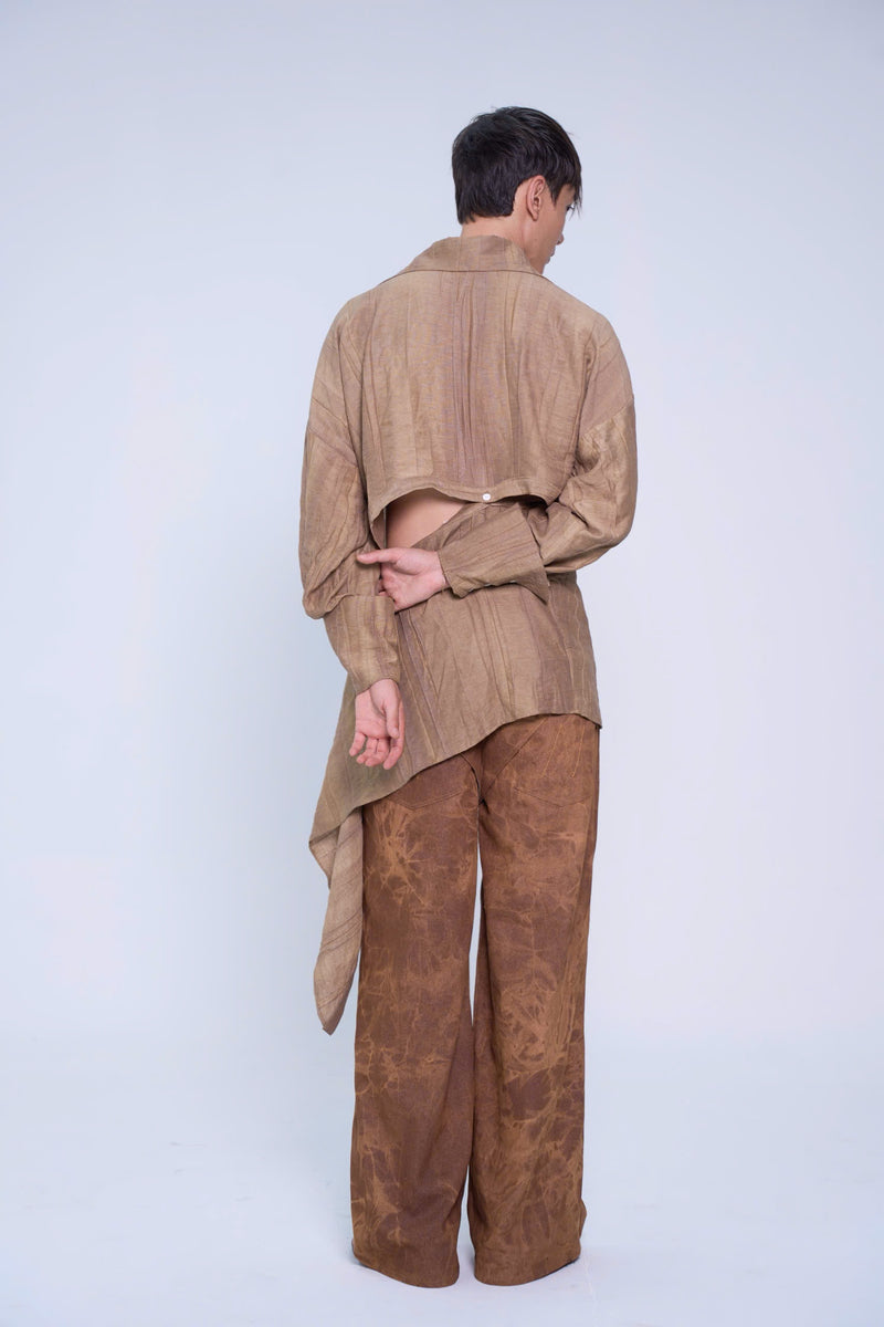 BROWN DRIED BANANA LEAVES LINEN SHIRT