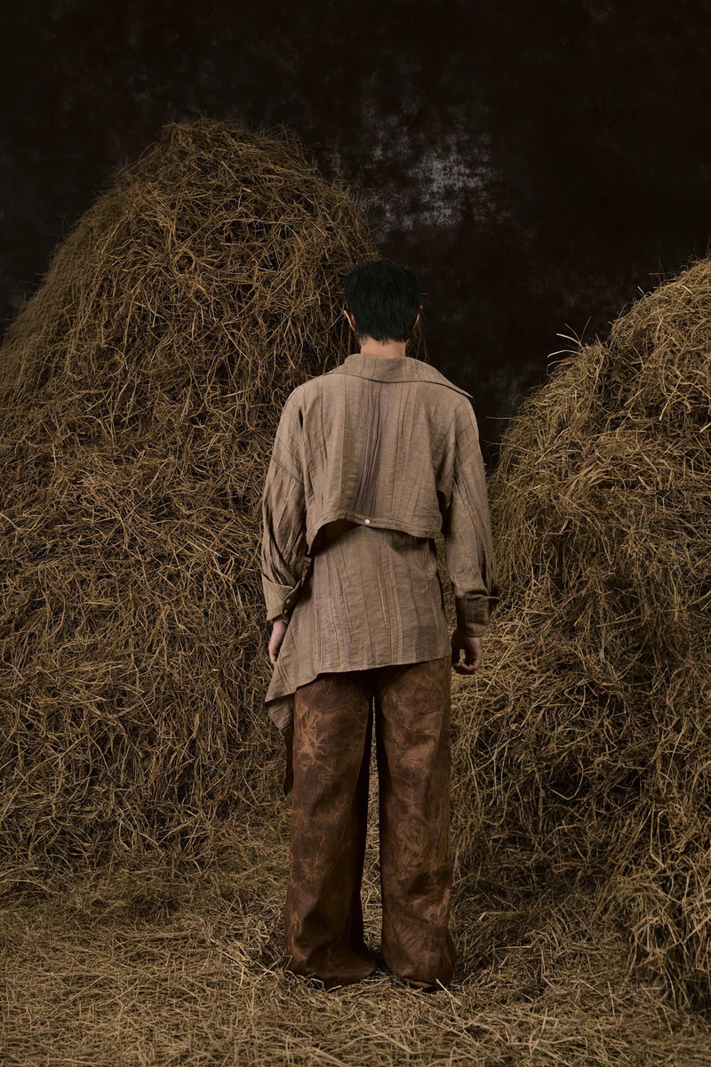 BROWN DRIED BANANA LEAVES LINEN SHIRT