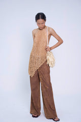 BROWN BA CHÚC PLEATING HALTER TOP