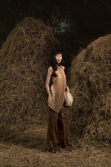 BROWN BA CHÚC PLEATING HALTER TOP
