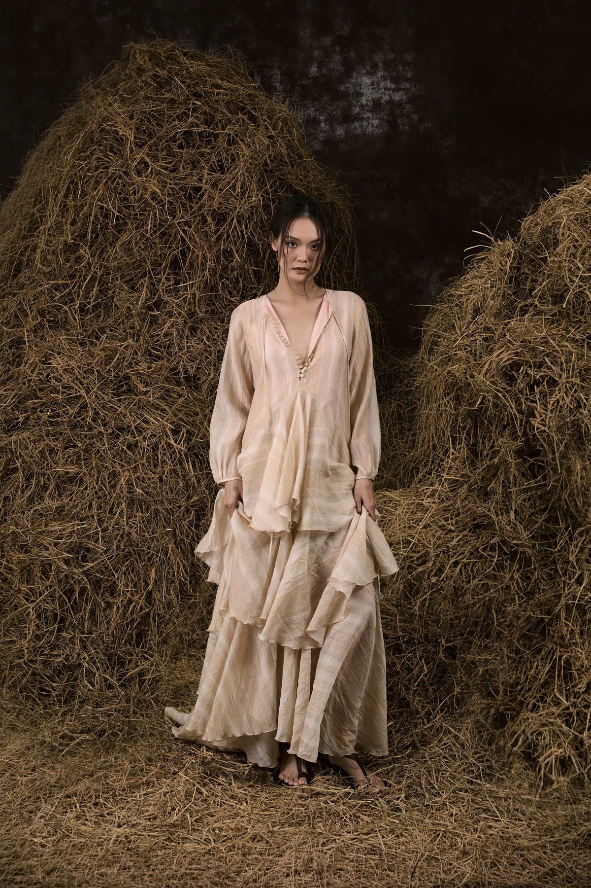 CƠM MỚI SILK V-NECK RUFFLED GOWN