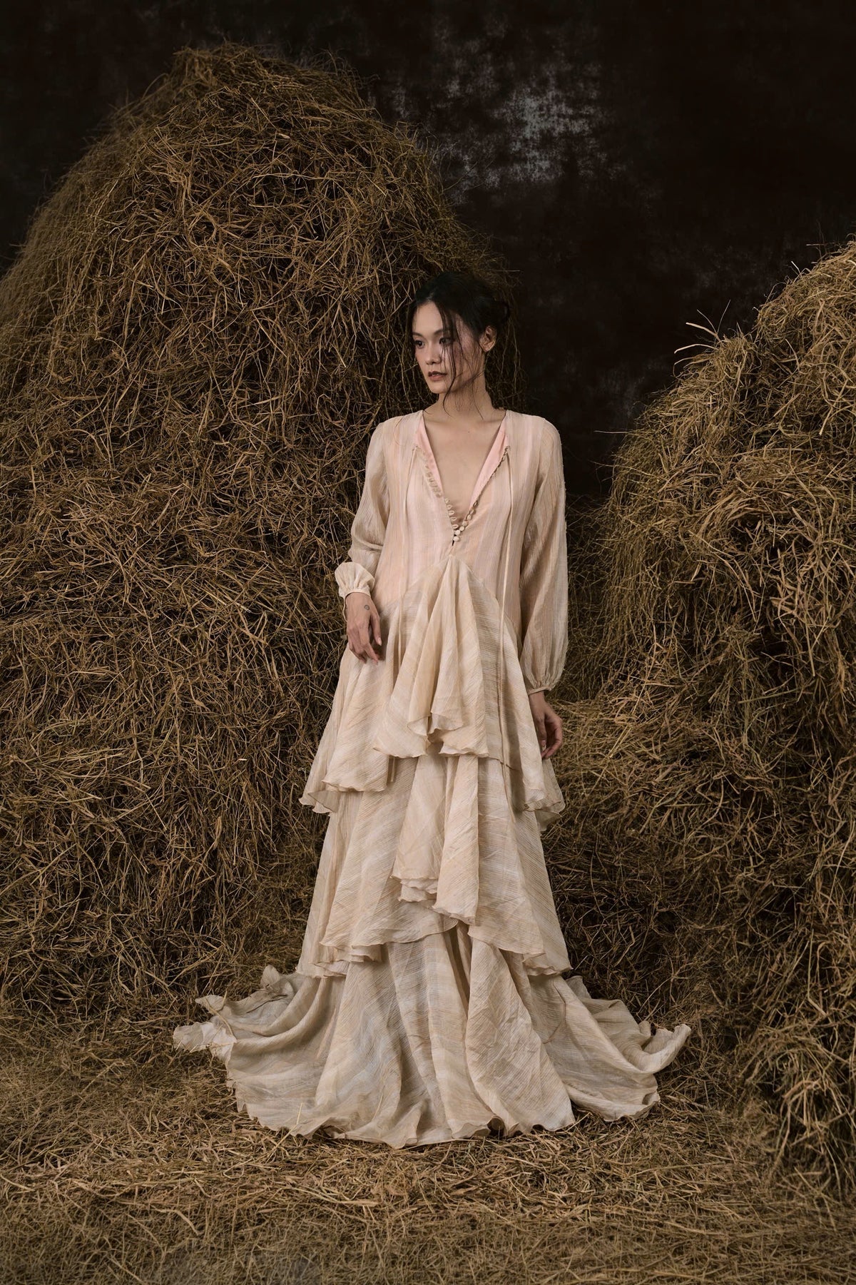 CƠM MỚI SILK V-NECK RUFFLED GOWN