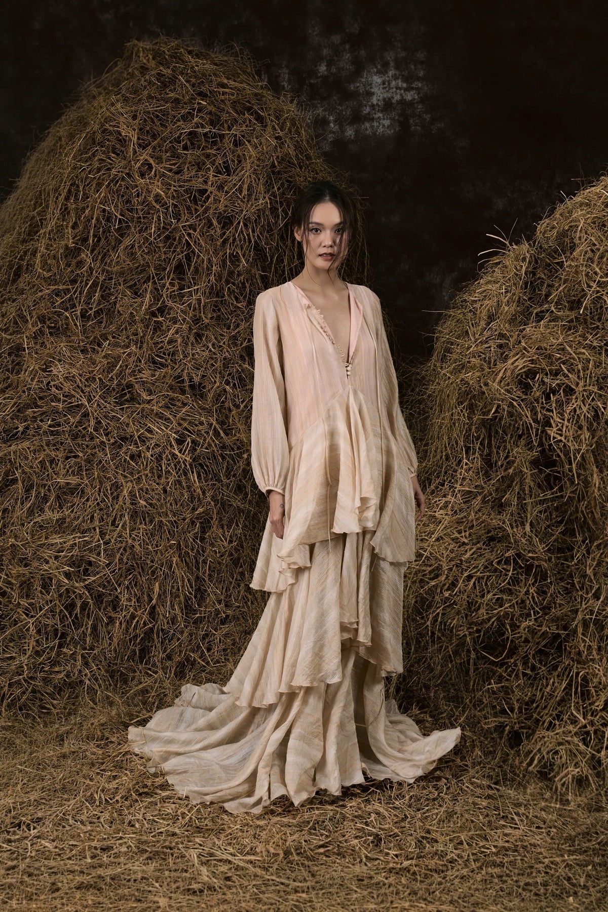 CƠM MỚI SILK V-NECK RUFFLED GOWN