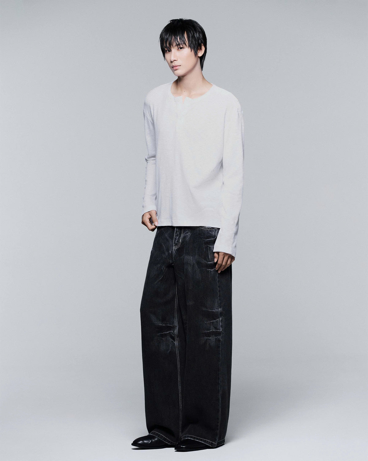 HENLEY SHOULDER BUTTON LONGSLEEVE V2 ( RICE WHITE )