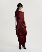 BLACK PLUM RUTCHED SILK DRESS IN RED BORDEAUX