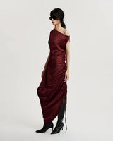 BLACK PLUM RUTCHED SILK DRESS IN RED BORDEAUX