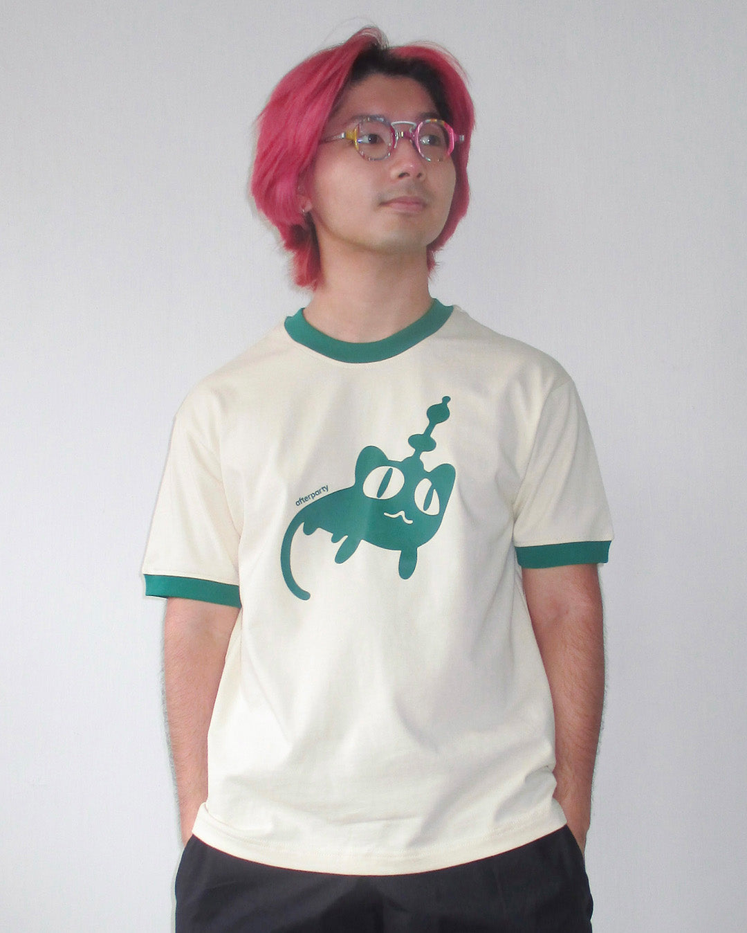 ALIEN CAT RINGER TEE - CREAM/GREEN