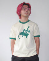 ALIEN CAT RINGER TEE - CREAM/GREEN