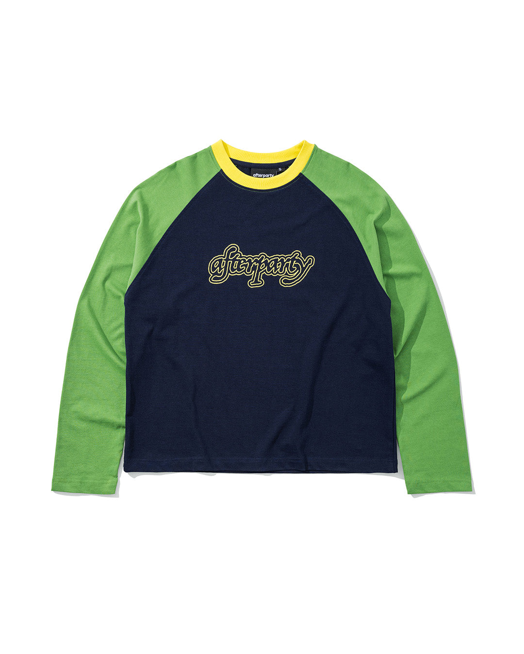NAVY/GREEN SCRIPT LETTER RAGLAN TEE