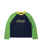 NAVY/GREEN SCRIPT LETTER RAGLAN TEE