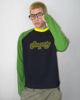 NAVY/GREEN SCRIPT LETTER RAGLAN TEE