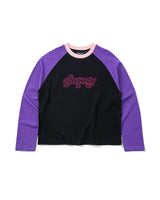 BLACK/PURPLE SCRIPT LETTER RAGLAN TEE