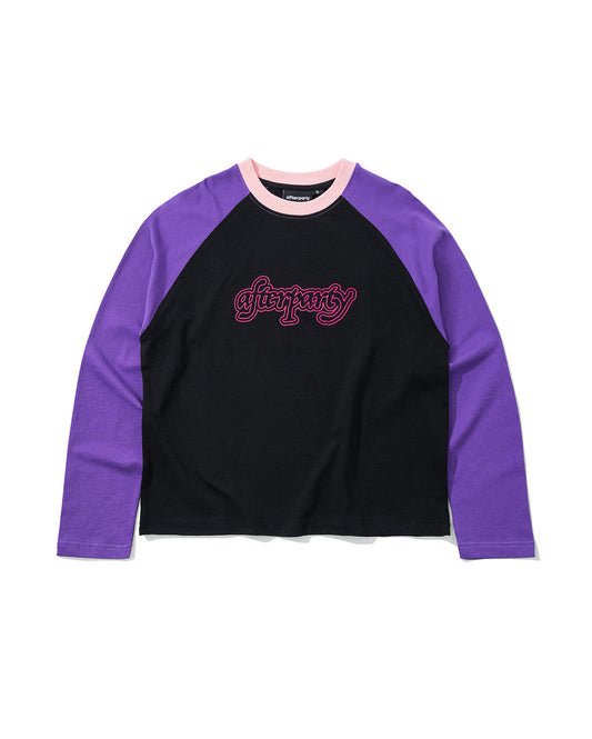 BLACK/PURPLE SCRIPT LETTER RAGLAN TEE