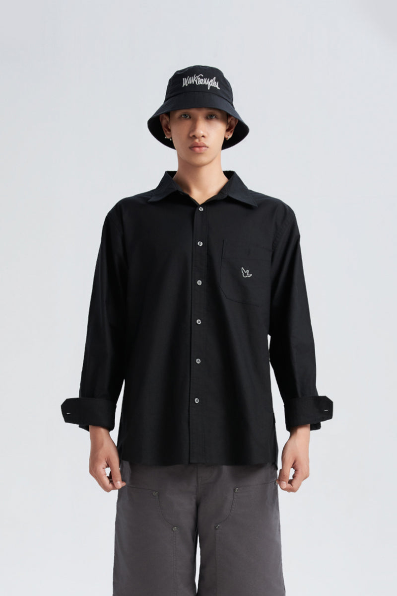 BLACK WII RELAXED FIT LONG SLEEVE COTTON SHIRT