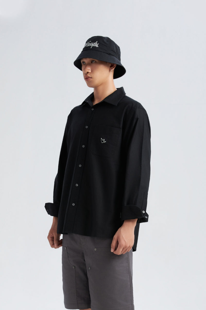 BLACK WII RELAXED FIT LONG SLEEVE COTTON SHIRT