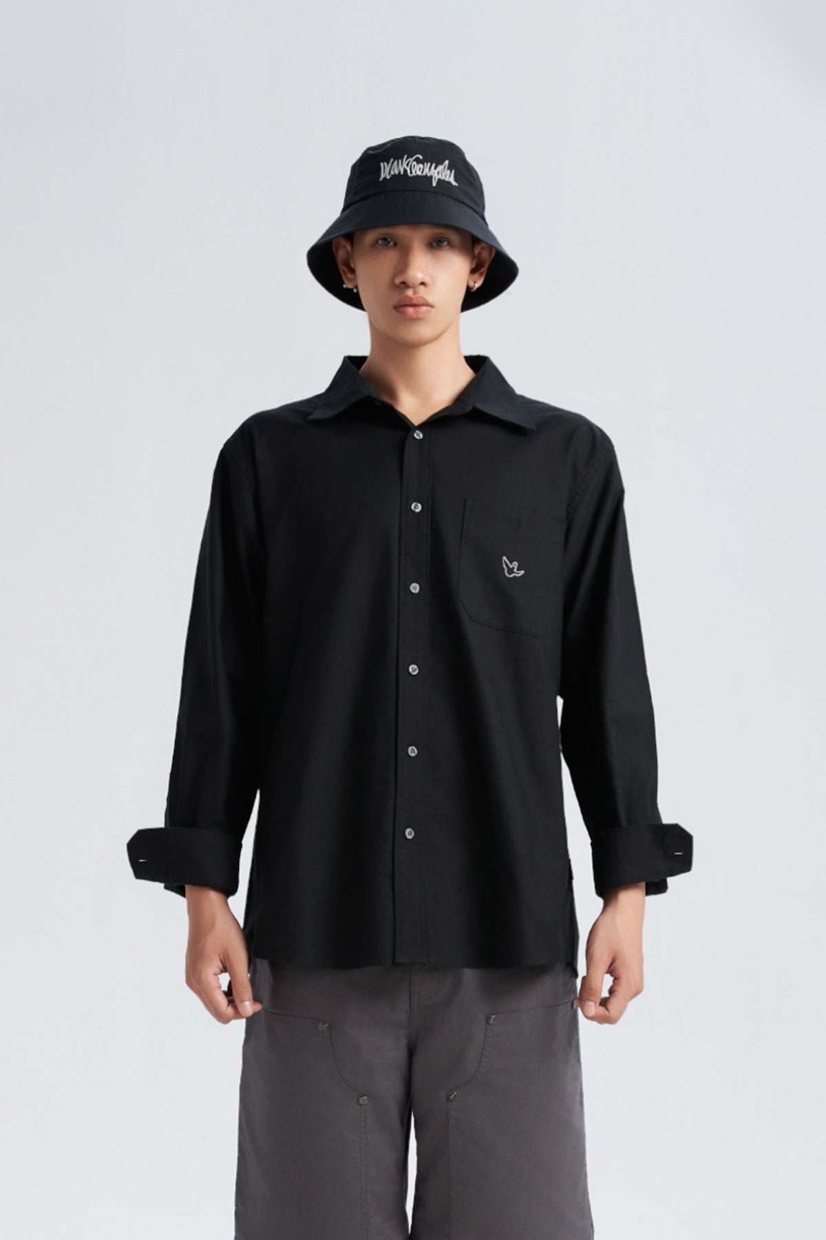 OLIVE WII RELAXED FIT LONG SLEEVE COTTON SHIRT