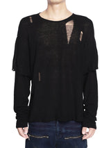 BLACK KNIT DISTRESSED DOUBLE SLEEVES