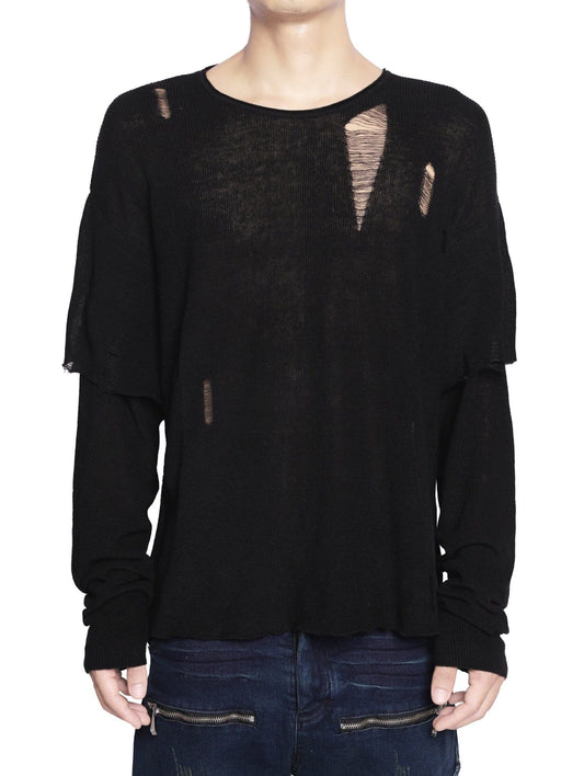 BLACK KNIT DISTRESSED DOUBLE SLEEVES