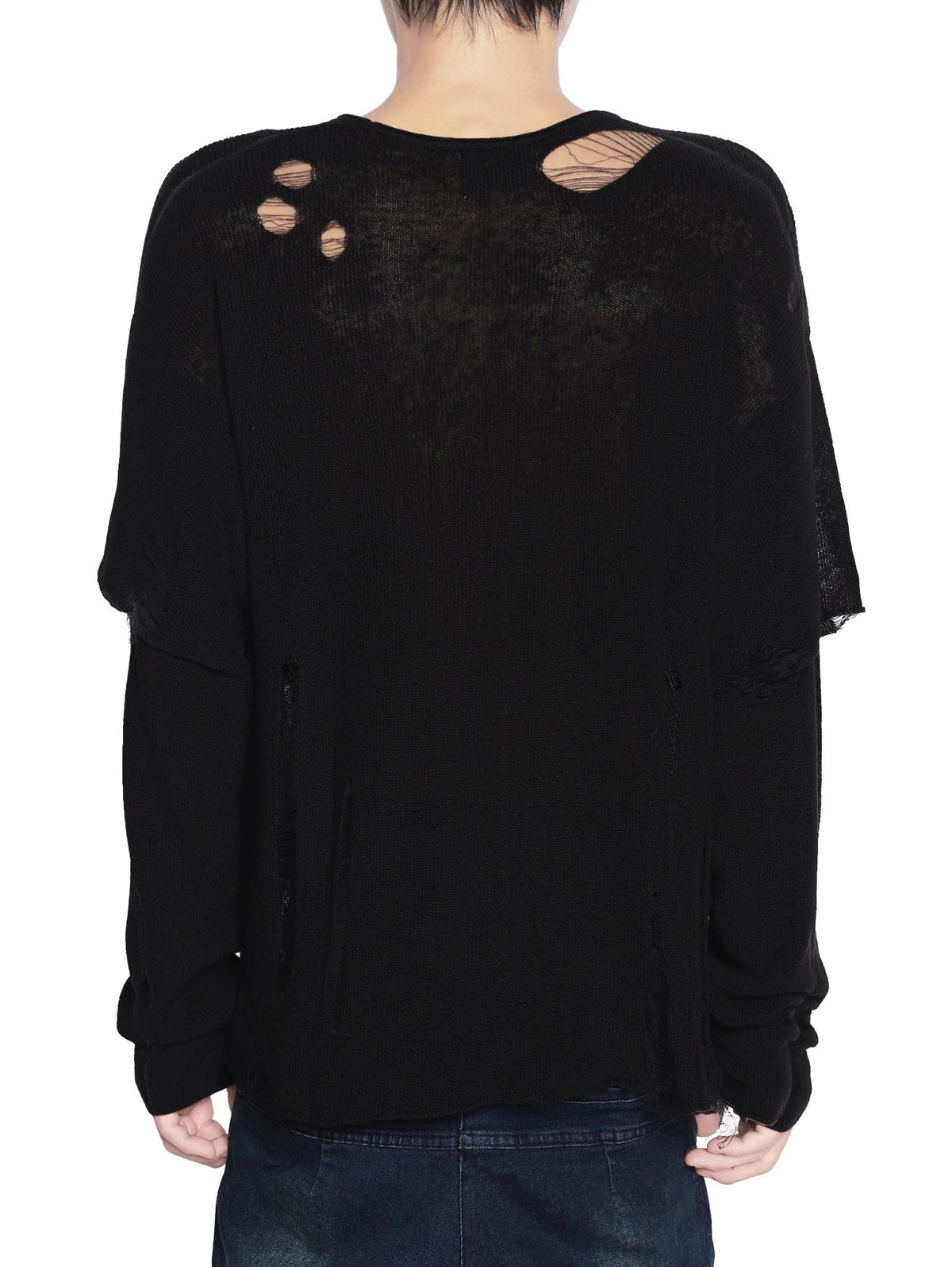 BLACK KNIT DISTRESSED DOUBLE SLEEVES