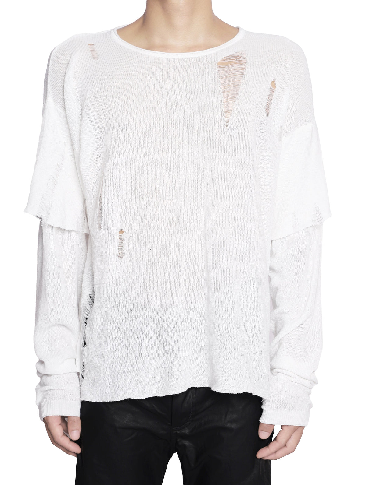 WHITE KNIT DISTRESSED DOUBLE SLEEVES