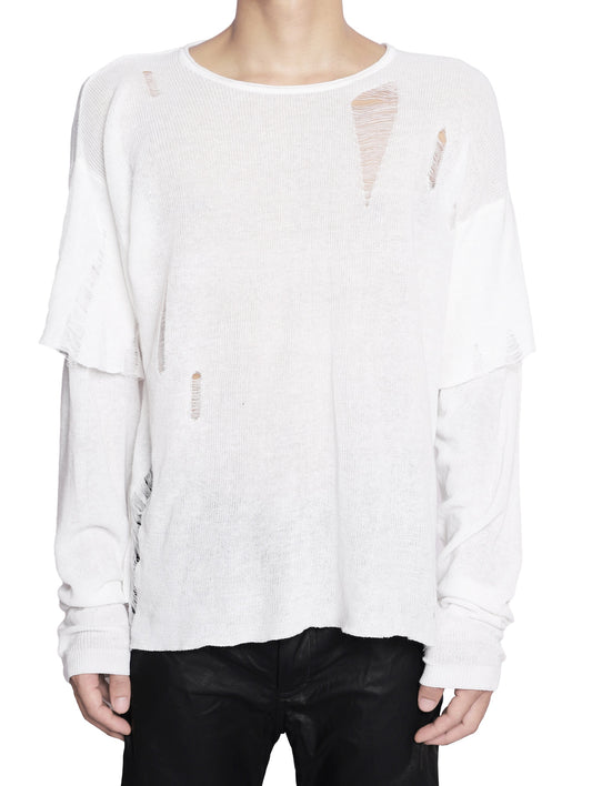 WHITE KNIT DISTRESSED DOUBLE SLEEVES