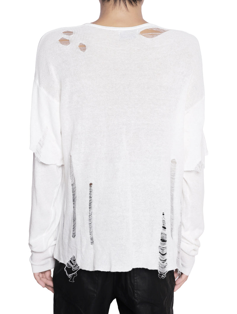 WHITE KNIT DISTRESSED DOUBLE SLEEVES