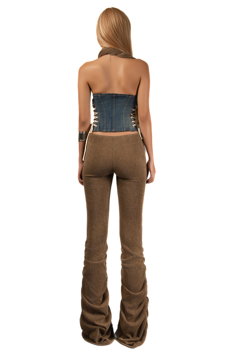 POP Lace Up Side Denim Halter Tie Back Top