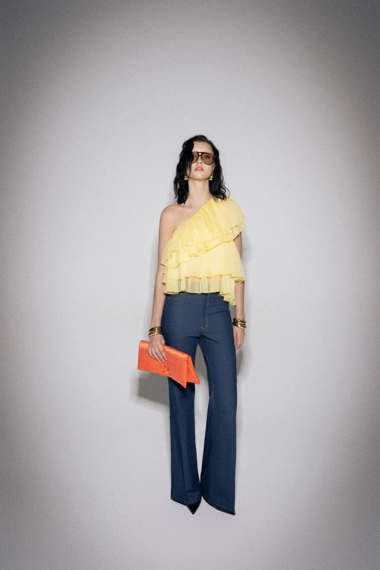 S26 Women's Light Yellow Ruffle Sheer Top