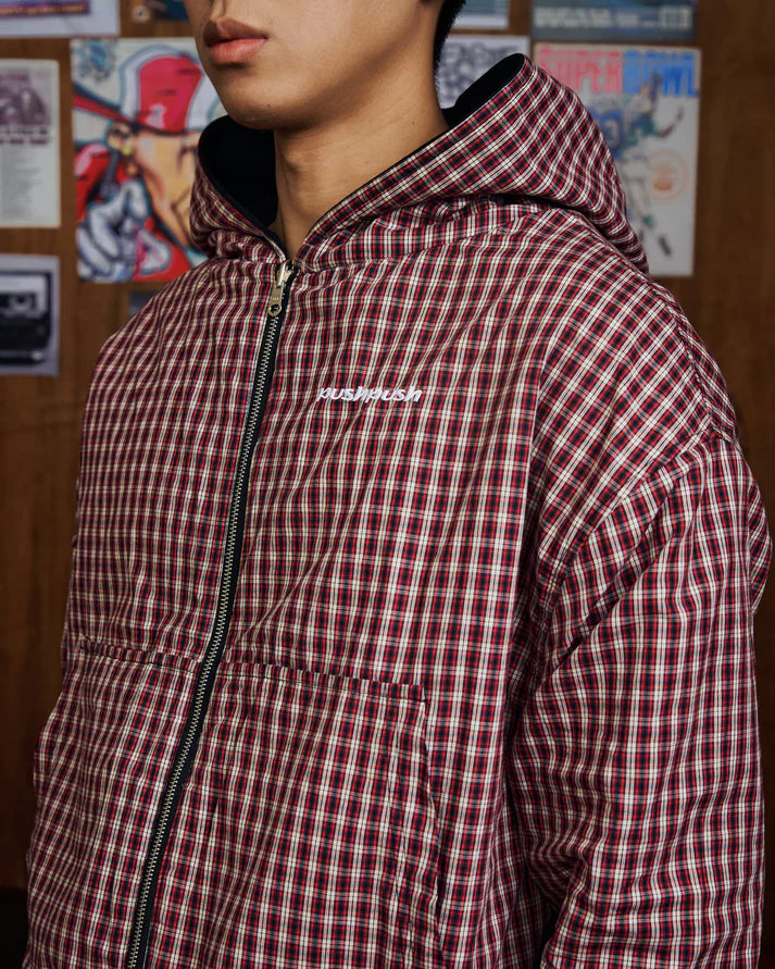 BLACK CRIMSON GINGHAM PP FLIPSIDE ZIP HOODIE 