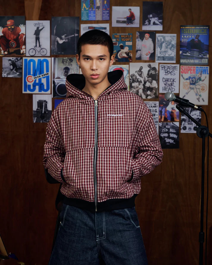 BLACK CRIMSON GINGHAM PP FLIPSIDE ZIP HOODIE 