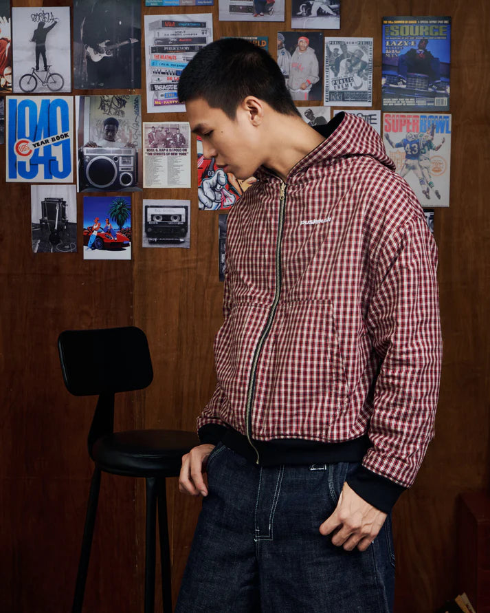 BLACK CRIMSON GINGHAM PP FLIPSIDE ZIP HOODIE 
