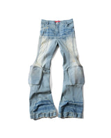 PADDED FLARED LIGHT BLUE DENIM PANTS