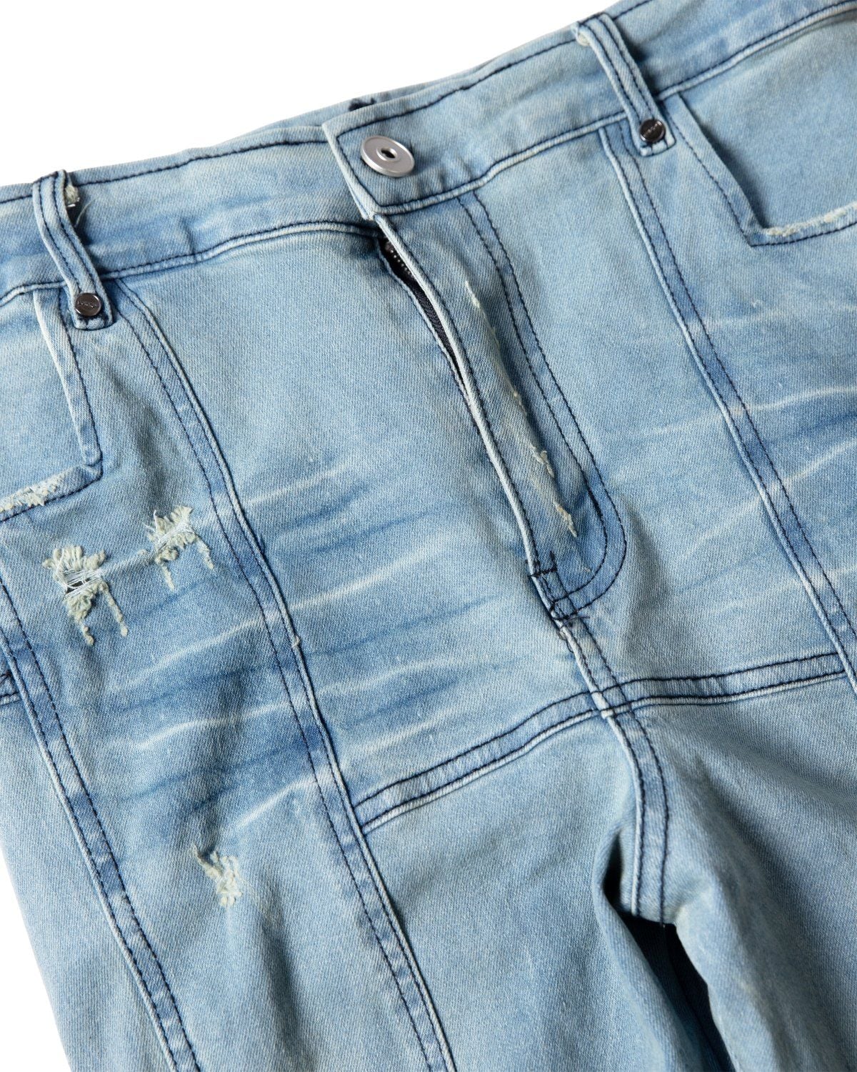 PADDED FLARED LIGHT BLUE DENIM PANTS