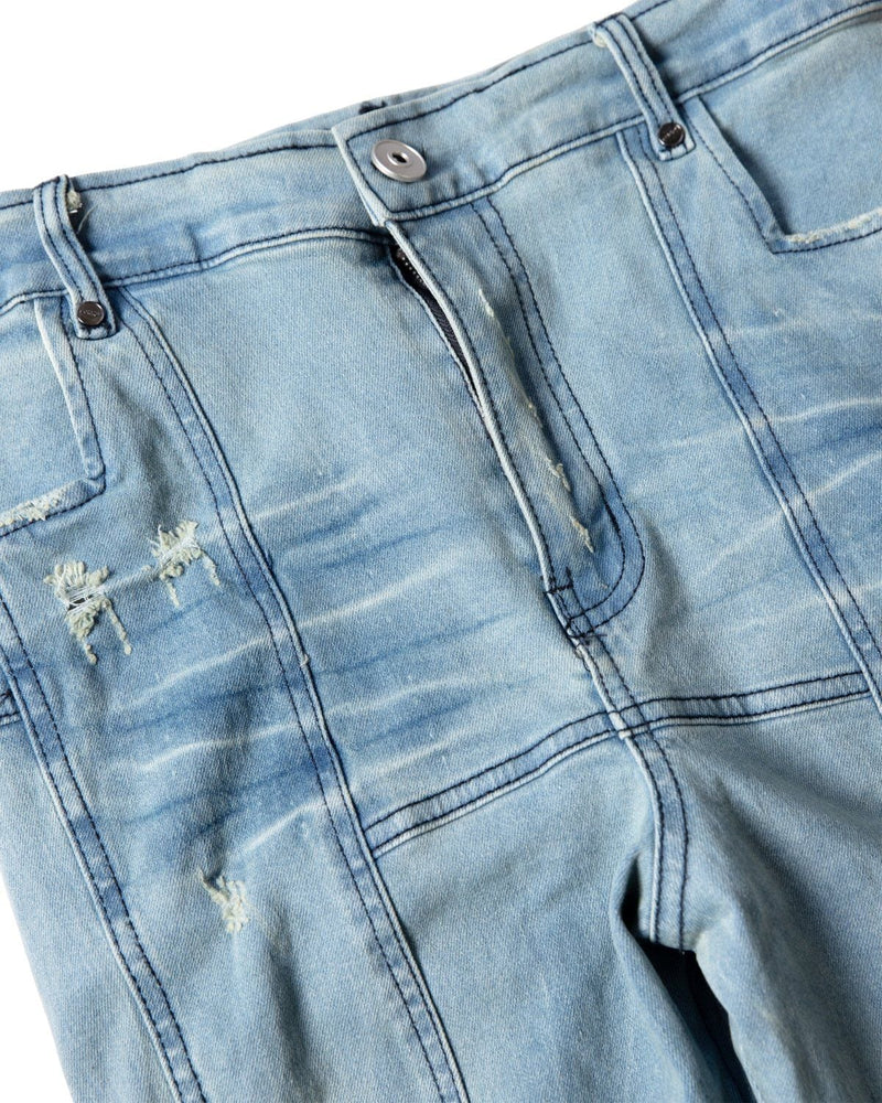 PADDED FLARED LIGHT BLUE DENIM PANTS