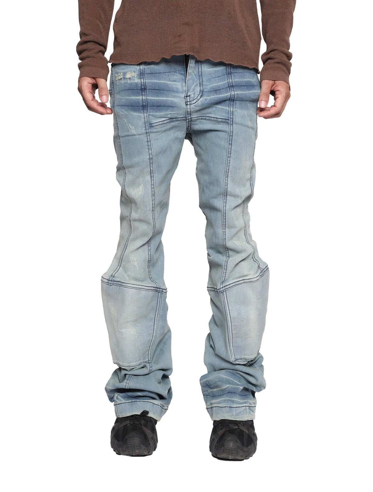 PADDED FLARED LIGHT BLUE DENIM PANTS