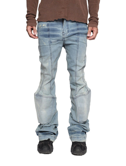 PADDED FLARED LIGHT BLUE DENIM PANTS