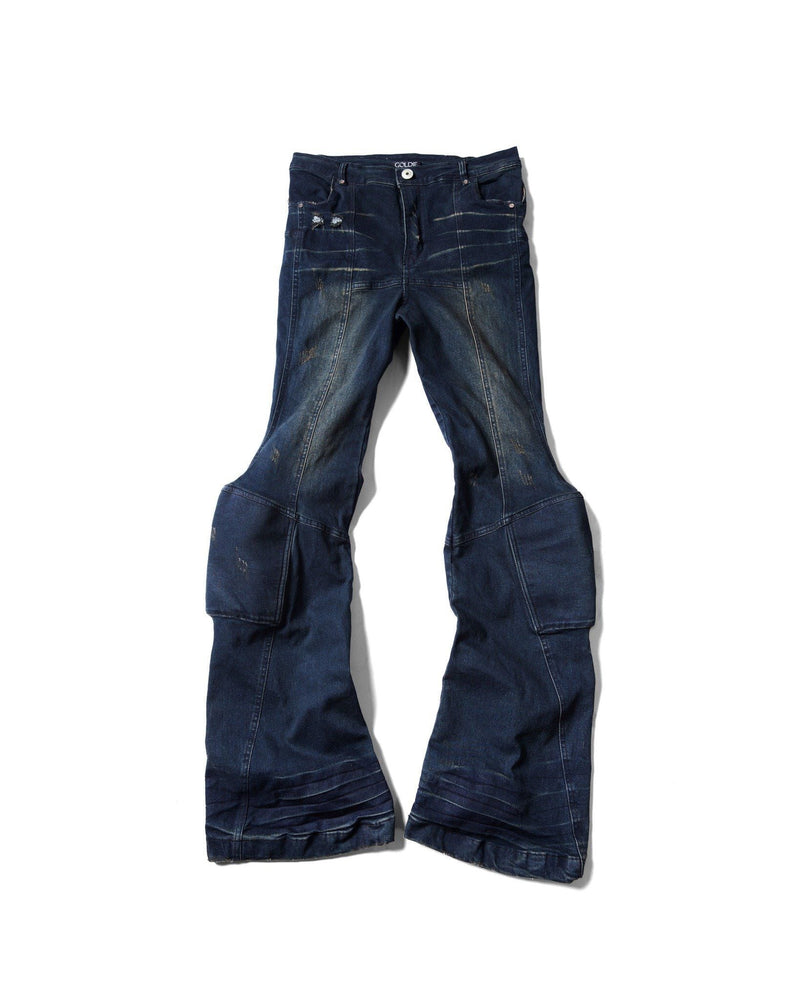 PADDED FLARED BLUE DENIM PANTS