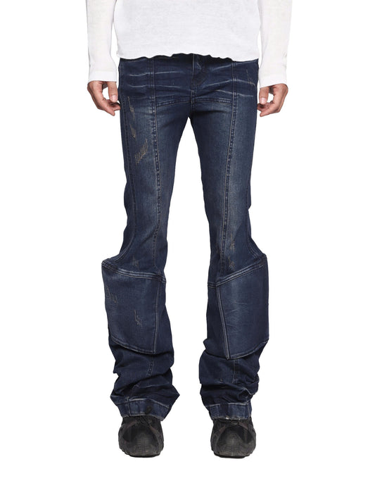 PADDED FLARED BLUE DENIM PANTS