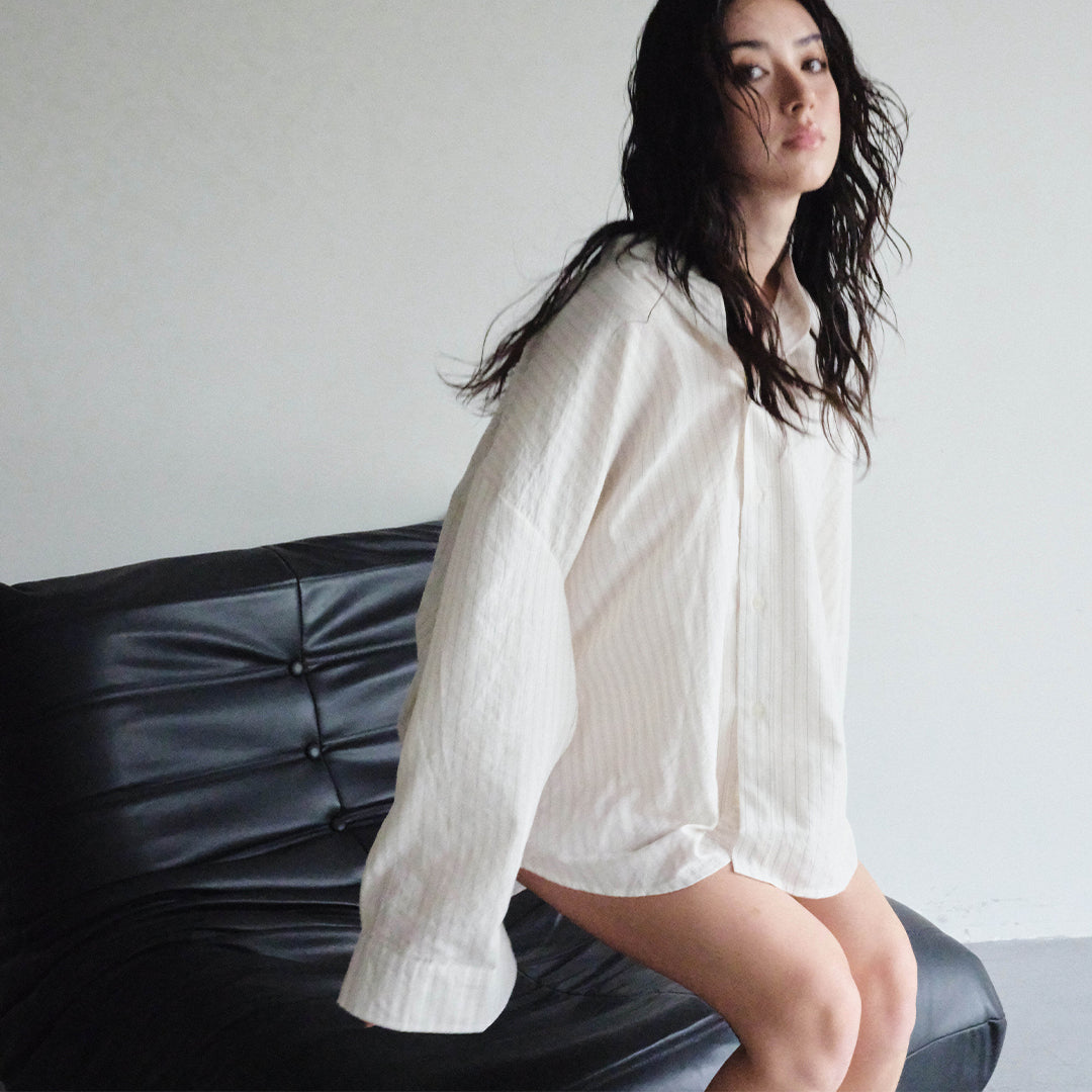 OWST BAND COLLAR SHIRT WHITE STRIPED