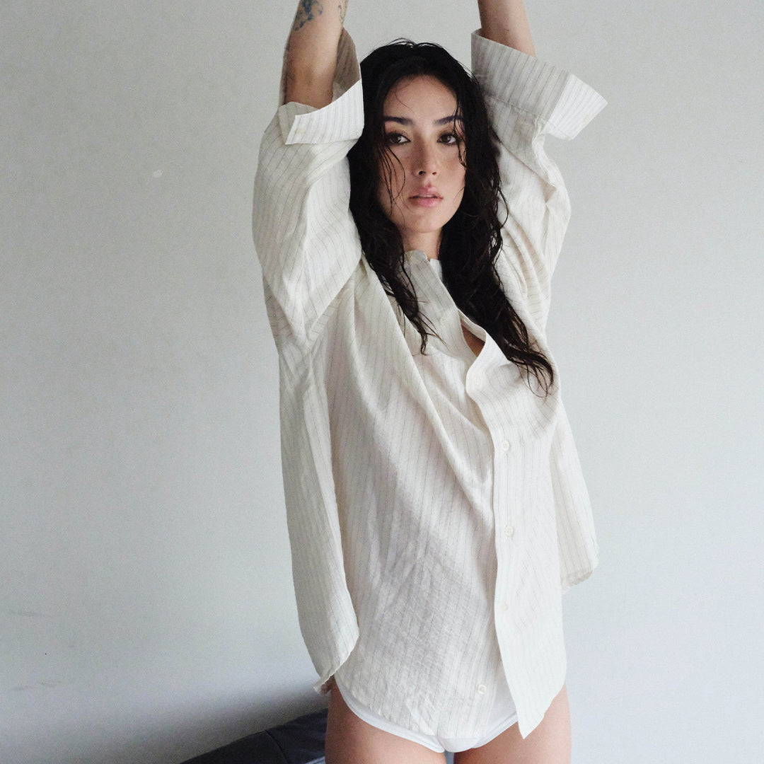 OWST BAND COLLAR SHIRT WHITE STRIPED