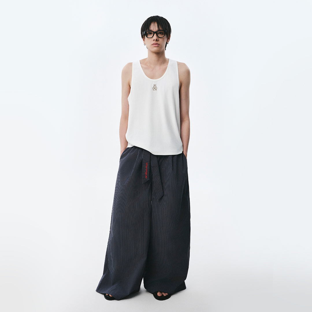 OWST LOGO TIE-FRONT STRIPE PANTS - DEEP BLUE