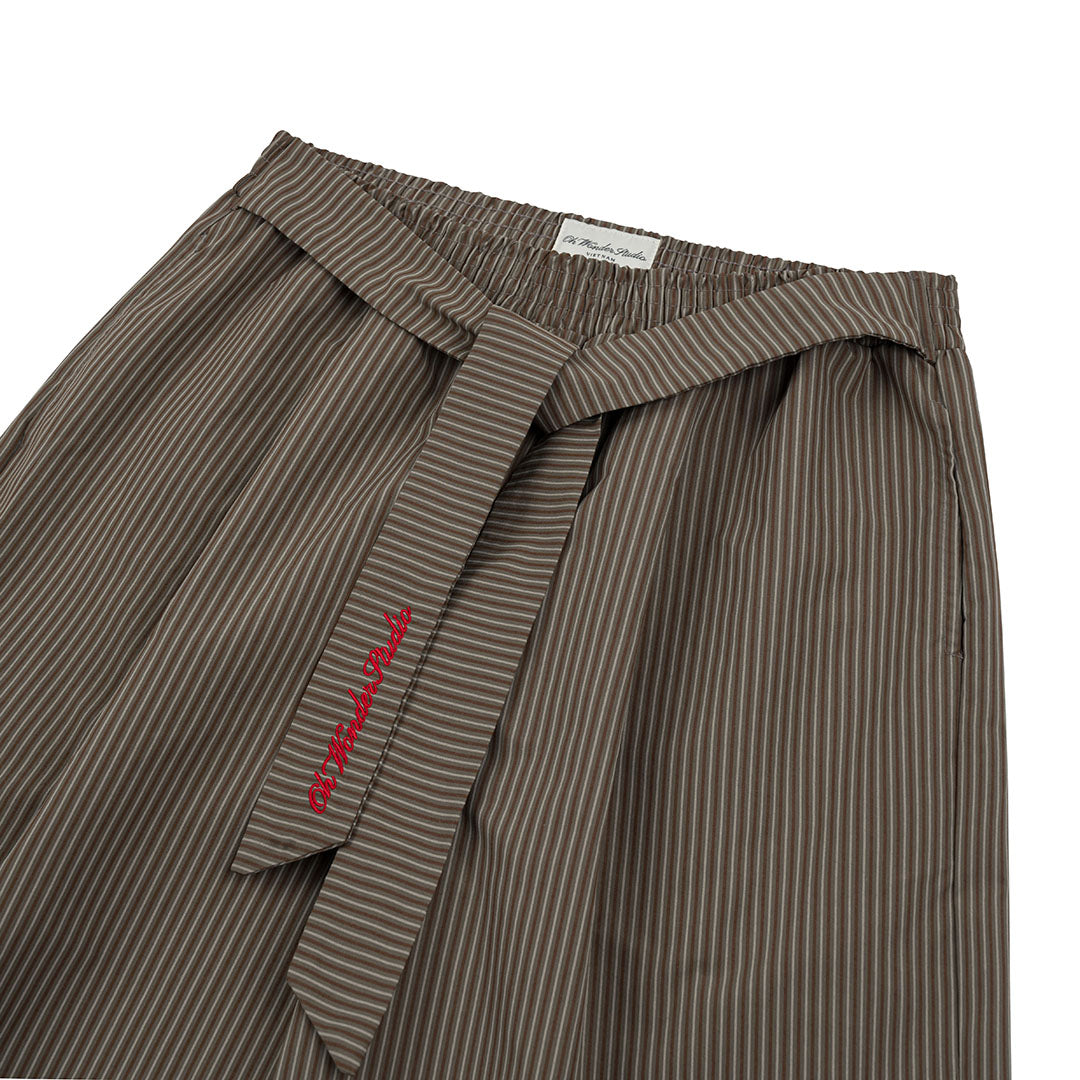 OWST LOGO TIE-FRONT STRIPE PANTS - BROWN