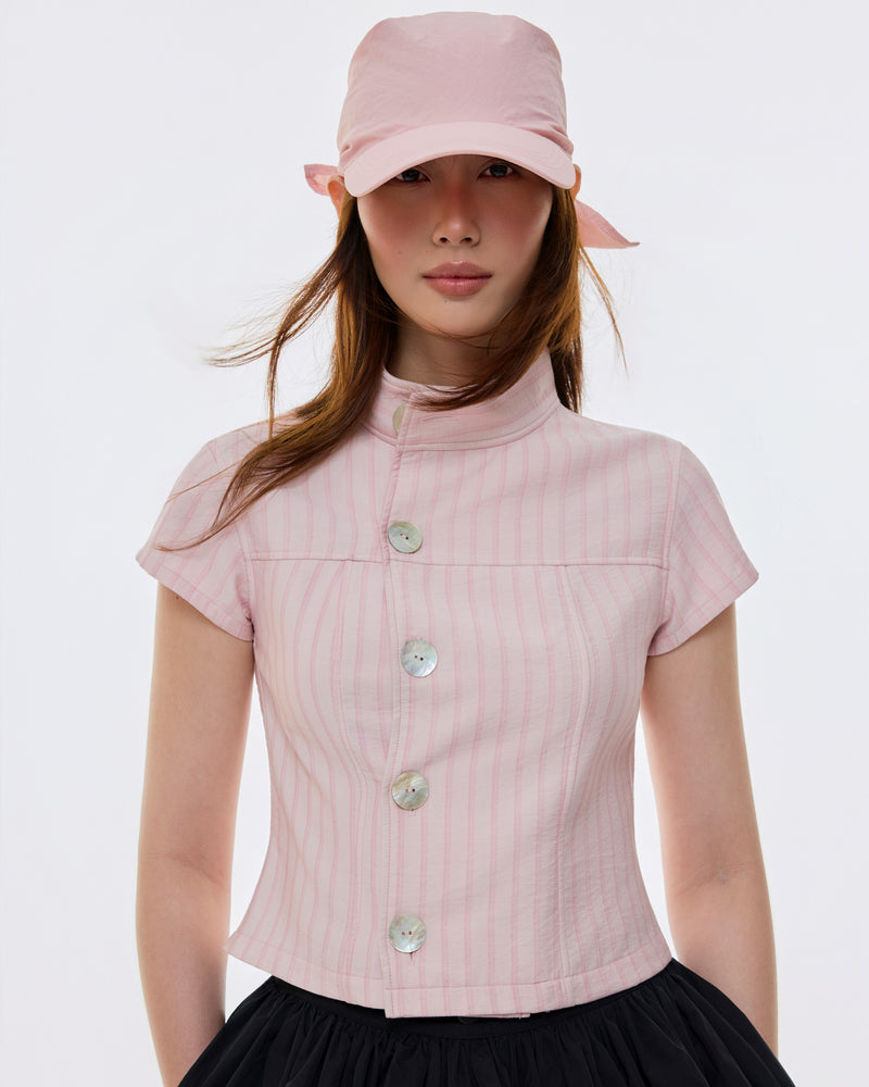 MANDARIN COLLAR STRIPE TOP