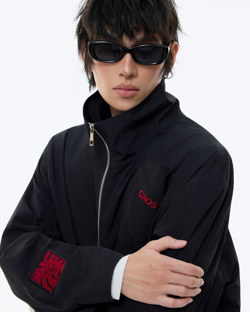 BLACK MONSTERA STAND COLLAR JACKET