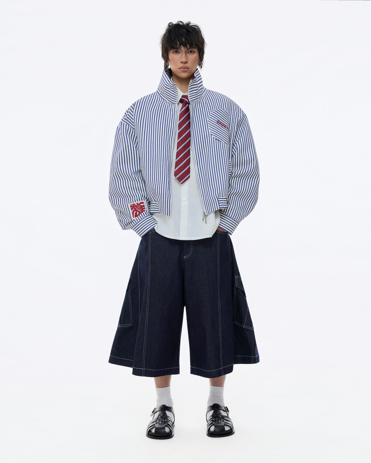 STRIPE MONSTERA STAND COLLAR JACKET